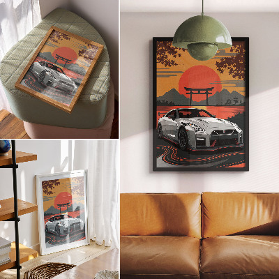 Dekoratyvinis plakatas Automobilis harmoningame Japonijos kraštovaizdyje
