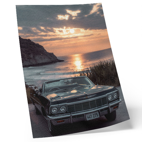 Sieninis plakatas Retro automobilis saulėlydis jūra nostalgiškas