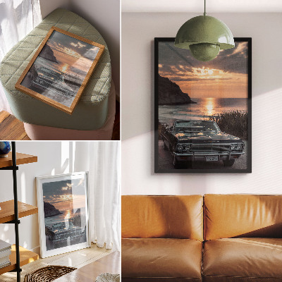 Sieninis plakatas Retro automobilis saulėlydis jūra nostalgiškas