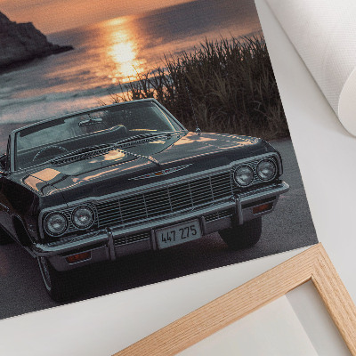 Sieninis plakatas Retro automobilis saulėlydis jūra nostalgiškas