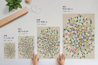Plakatas svetainei spalvingų gėlių ir pastelinių lapų motyvais