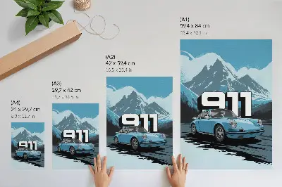 Plakatas klasikinio automobilio kalnų fone su didelėmis raidėmis