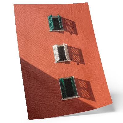Plakatas svetainei Oranžinė siena, trys langai, žalios žaliuzės