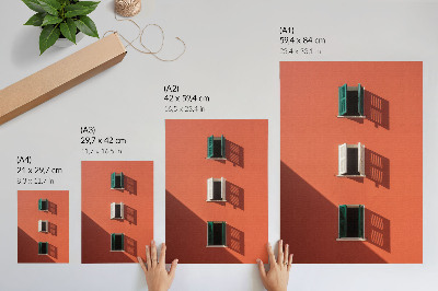 Plakatas svetainei Oranžinė siena, trys langai, žalios žaliuzės