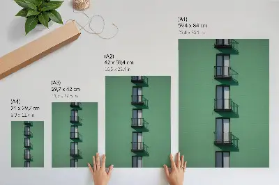 Plakatas modernūs žali fasadiniai langai su balkonais ir šešėliais