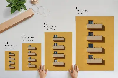 Dekoratyvinis plakatas geltonas fasadas su keturiais balkonais minimalistinėje kompozicijoje