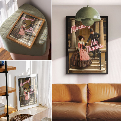 Plakatas Istoriniai kostiumai pasteliniai užrašai modernumas