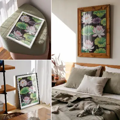 Sieninis plakatas su gamtos gėlių ir žalių lapų motyvu
