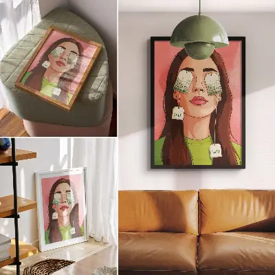 Dekoratyvinis plakatas spalvingas fonas su žaliomis detalėmis bei figūra geriant arbata