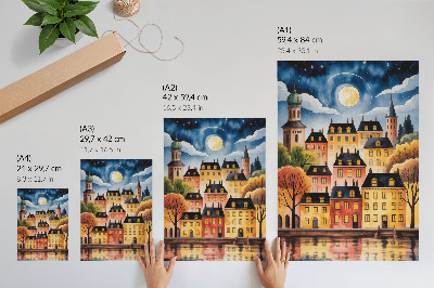 Plakatas Atmosferinis miestas naktį su mėnuliu danguje