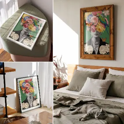 Plakatas su gėlėmis, paukščiais, drugeliais, elegantiškomis figūromis ir siurrealistiniais motyvais