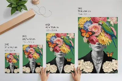 Plakatas su gėlėmis, paukščiais, drugeliais, elegantiškomis figūromis ir siurrealistiniais motyvais