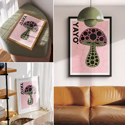 Sieninis plakatas grybų geometrijos ir modernaus stiliaus kompozicija