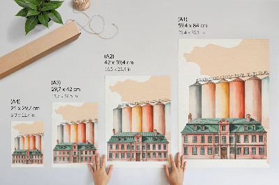 Plakatas svetainei Klasikinis pastatas ir spalvingi silosai