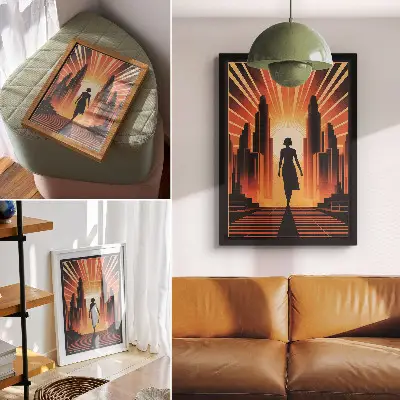 Plakatas miesto siluetas su oranžinės šviesos moterimi