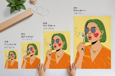 Sieninis plakatas Pop meno iliustracija su žaliais plaukais