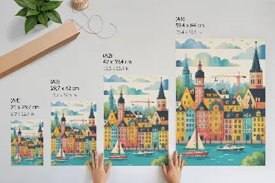 Plakatas svetainei spalvingi pastatai ramiame vandenyje su švelniu klimatu