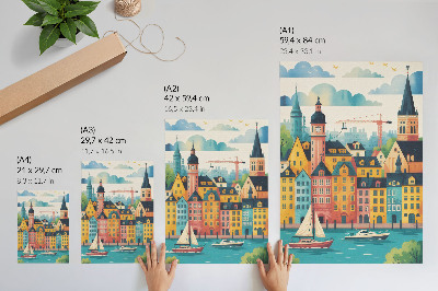 Plakatas svetainei Spalvingi pastatai, ramus vanduo, švelnus klimatas