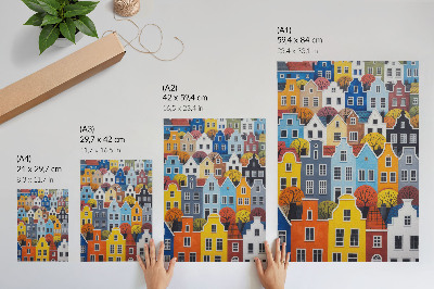Plakatas Spalvingi, įvairių formų ir spalvų daugiabučiai namai harmoningai