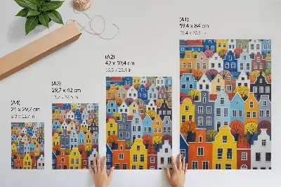 Plakatas spalvingi, įvairių formų ir spalvų daugiabučiai namai