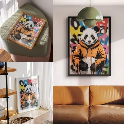 Dekoratyvinis plakatas panda su grafiti stiliaus džemperiu