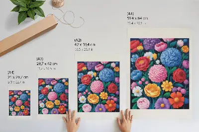 Plakatas svetainei su spalvingų gėlių ir žalio fono iliustracija