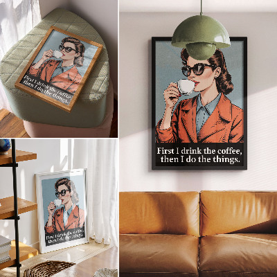 Dekoratyvinis plakatas Retro stiliaus moteris su kavos motyvuojančiu užrašu
