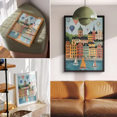 Sieninis plakatas daugiabučiai namai, balionai, burlaiviai ir spalvinga atmosfera