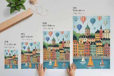 Sieninis plakatas Daugiabučiai namai, balionai, burlaiviai, spalvinga atmosfera