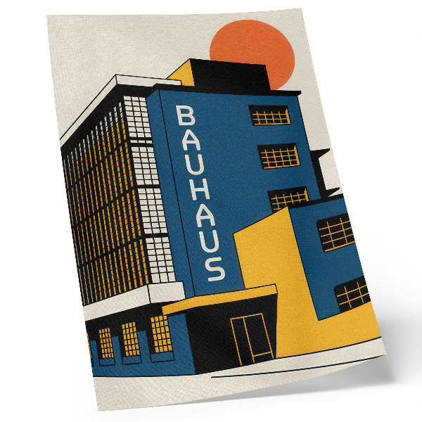 Plakatas Tamsiai mėlynas Bauhaus pastatas su geltonais akcentais ir modernumu