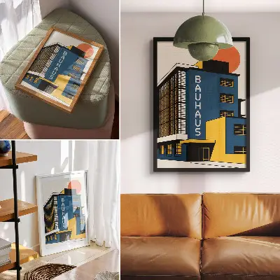 Plakatas tamsiai mėlynas Bauhaus pastatas su geltonais akcentais ir modernumo elementais