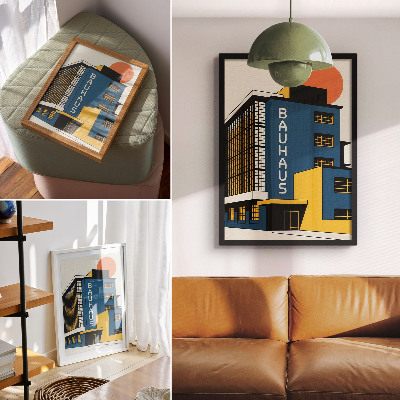 Plakatas Tamsiai mėlynas Bauhaus pastatas su geltonais akcentais ir modernumu