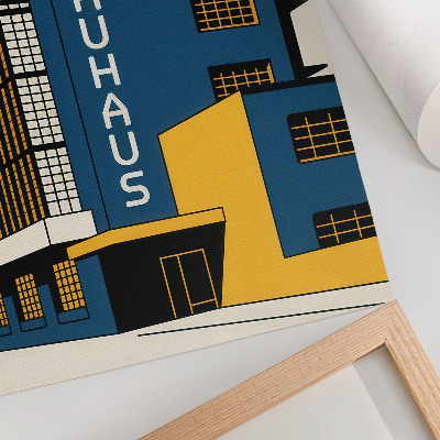Plakatas Tamsiai mėlynas Bauhaus pastatas su geltonais akcentais ir modernumu