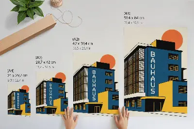 Plakatas tamsiai mėlynas Bauhaus pastatas su geltonais akcentais ir modernumo elementais