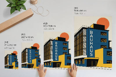 Plakatas Tamsiai mėlynas Bauhaus pastatas su geltonais akcentais ir modernumu