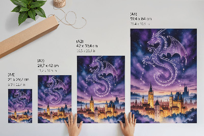 Plakatas svetainei Fantazijos pasaulis drakono pilis dangus žvaigždės erdvė