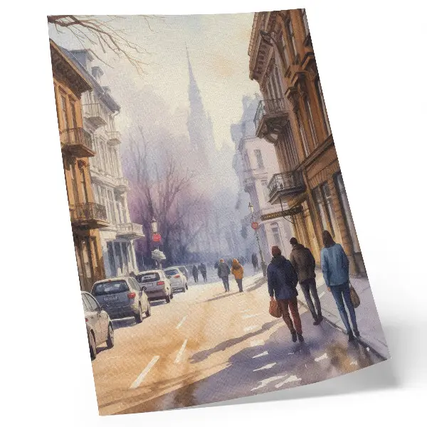 Plakatas miesto gatvė su žieminiais medžiais ramią atmosferą sukuriančiame vaizde