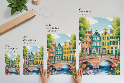 Plakatas svetainei Spalvingi daugiabučiai prie kanalo, iliustratyvus stilius