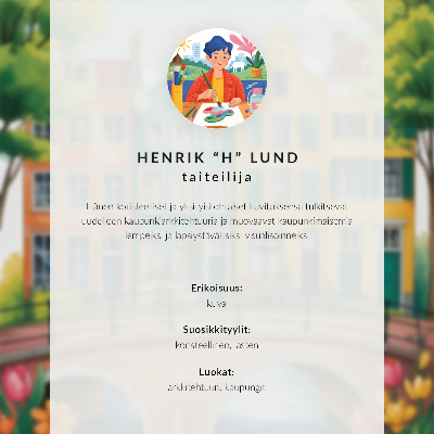 Sieninis plakatas Spalvingi namai ir gėlės, idiliška atmosfera