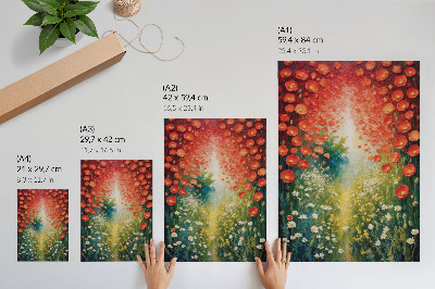 Plakatas Raudonos gėlės, žali akcentai, trimatis fonas