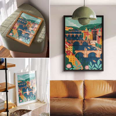Sieninis plakatas Spalvingas miestas su tiltais, gamta ir dangumi