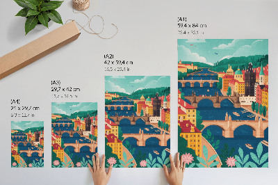 Sieninis plakatas Spalvingas miestas su tiltais, gamta ir dangumi