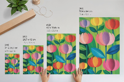 Plakatas Spalvingos geometrinės gėlės ir lapai žaliame fone