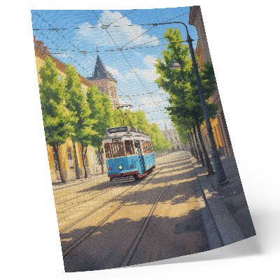 Dekoratyvinis plakatas Saulėtos gatvės tramvajus žalias ir mėlynas