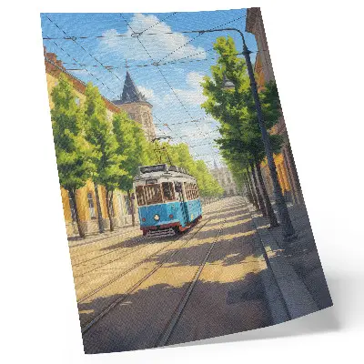 Dekoratyvinis plakatas su saulėtu žaliu ir mėlynu gatvės tramvajumi