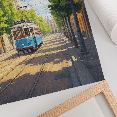 Dekoratyvinis plakatas Saulėtos gatvės tramvajus žalias ir mėlynas
