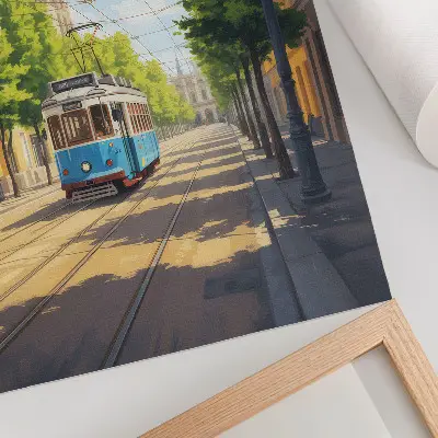Dekoratyvinis plakatas su saulėtu žaliu ir mėlynu gatvės tramvajumi