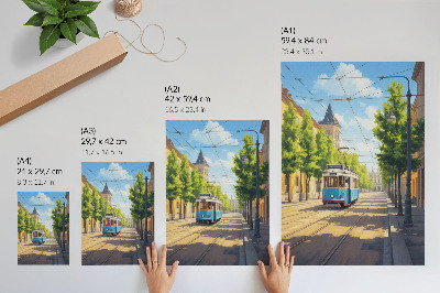 Dekoratyvinis plakatas Saulėtos gatvės tramvajus žalias ir mėlynas