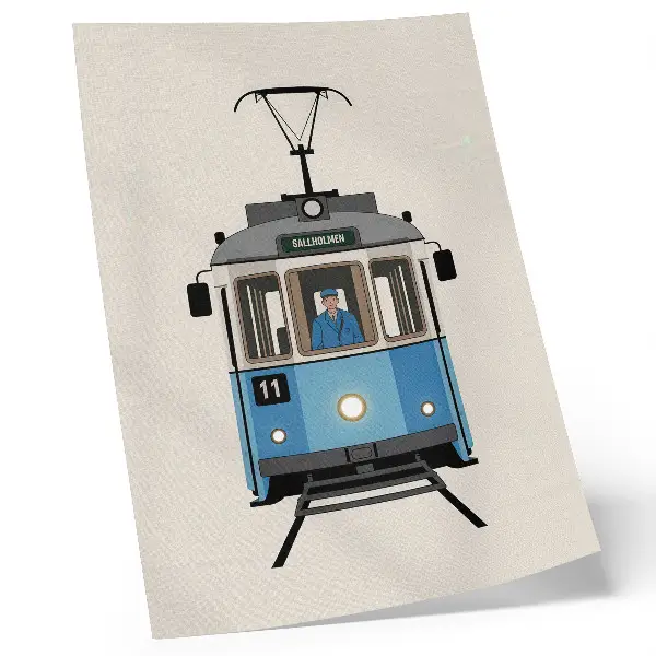Sieninis plakatas retro tramvajus minimalistiniu stiliumi