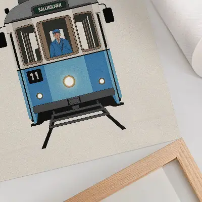 Sieninis plakatas retro tramvajus minimalistiniu stiliumi